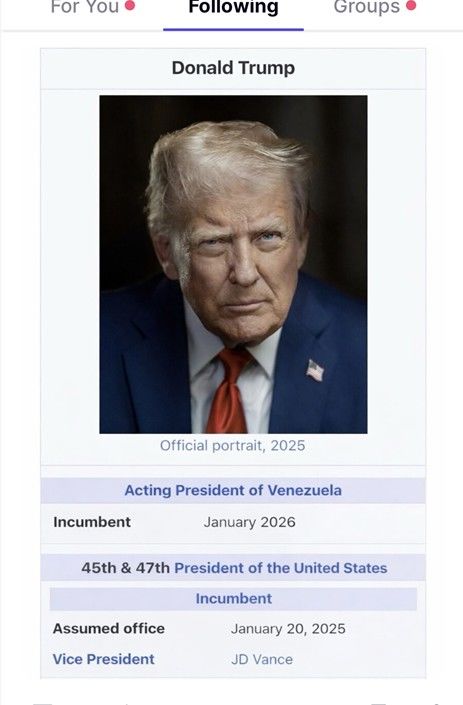 [서울=뉴시스] 도널드 트럼프 대통령이 11일 트루스소셜에 올린 '트럼프, 베네수엘라 임시 대통령' 게시물.2026.01.13. *재판매 및 DB 금지