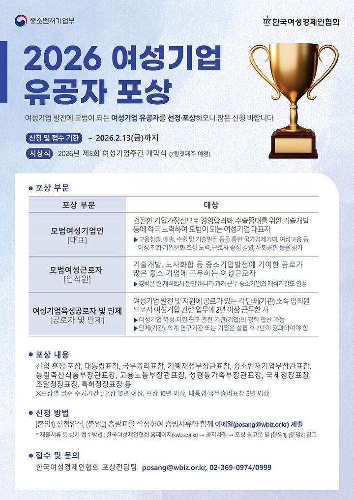 [서울=뉴시스] '2026년 여성기업 유공자 포상' (사진=한국여성경제인협회 제공) 2026.01.13. photo@newsis.com *재판매 및 DB 금지