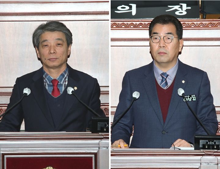 [정읍=뉴시스] 13일 개회한 정읍시의회의 제309회임시회 제1차 본회의, 이도형 의원(왼쪽)과 이상길 의원(오른쪽)이 나와 '5분 자유발언'을 펼치고 있다. *재판매 및 DB 금지