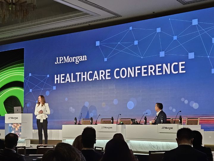 [샌프란시스코=뉴시스] 킴벌리 파월 엔비디아 헬스케어 부문 부사장이 12일(현지 시간) 미국 샌프란시스코에서 개최된 'JP모건 헬스케어 콘퍼런스'에서 발표하고 있다. (사진=엔비디아 제공) 2026.01.13. photo@newsis.com *재판매 및 DB 금지