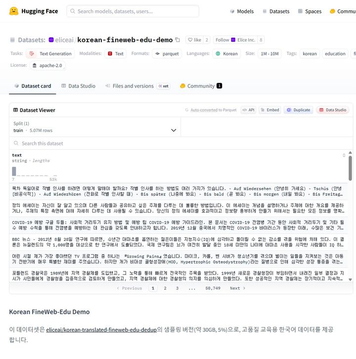 허깅페이스에 공개된 엘리스그룹 한국어 파인웹 교육 데이터셋 데모 (사진=엘리스그룹 제공) *재판매 및 DB 금지