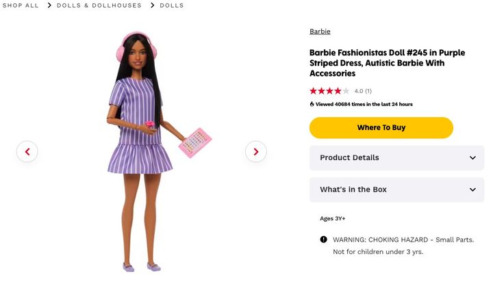 [뉴시스] 마텔이 출시한 '자폐증 바비' 인형이 온라인 샵에서 판매되고 있는 모습. (사진=마텔 온라인샵 캡처) 2026.1.14 *재판매 및 DB 금지