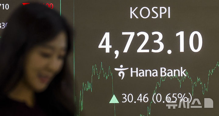 [서울=뉴시스] 정병혁 기자 = 코스피가 사상 첫 4700선을 넘은 14일 서울 중구 하나은행 딜링룸에서 직원들이 업무를 보고 있다.&nbsp; 이날 코스피는 전 거래일(4692.64)보다 30.46포인트(0.65%) 상승한 4723.10에, 코스닥 지수는 전 거래일(948.98)보다 6.80포인트(0.72%) 내린 942.18에 거래를 마쳤다. 서울 외환시장에서 원·달러 환율은 전 거래일(1473.7원)보다 3.8원 오른 1477.5원에 주간 거래를 마감했다.2026.01.14. jhope@newsis.com