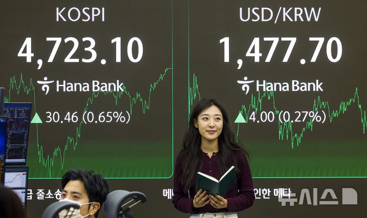 [서울=뉴시스] 정병혁 기자 = 코스피가 사상 첫 4700선을 넘은 14일 서울 중구 하나은행 딜링룸에서 직원들이 업무를 보고 있다.&nbsp; 이날 코스피는 전 거래일(4692.64)보다 30.46포인트(0.65%) 상승한 4723.10에, 코스닥 지수는 전 거래일(948.98)보다 6.80포인트(0.72%) 내린 942.18에 거래를 마쳤다. 서울 외환시장에서 원·달러 환율은 전 거래일(1473.7원)보다 3.8원 오른 1477.5원에 주간 거래를 마감했다.2026.01.14. jhope@newsis.com