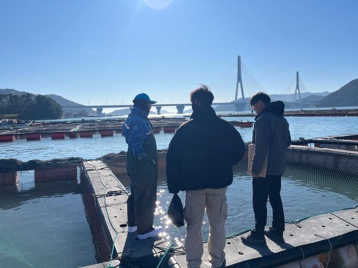 [여수=뉴시스] 저수온주의보 발령에 따라 여수시 관계자들이 양식장의 어류 상태를 확인하고 있다. (사진=여수시 제공) 2026.01.15. photo@newsis.com *재판매 및 DB 금지