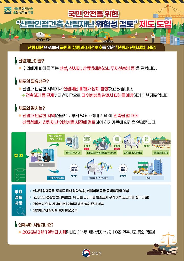 [대전=뉴시스] 내달부터 시작되는 산림인접 건축물에 대한 산림재난 위험성 검토제도 안내물. (사진=산림청 제공) 2026.01.15. photo@newsis.com *재판매 및 DB 금지