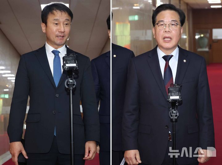 [서울=뉴시스] 조성봉 기자 = 한병도 더불어민주당 원내대표와 송언석 국민의힘 원내대표가 15일 오전 서울 여의도 국회의장실에서 의장 주재 여야 원내대표 회동을 마치고 각각 취재진의 질문에 답변하고 있다. 2026.01.15. suncho21@newsis.com