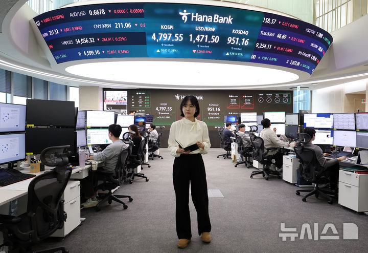 [서울=뉴시스] 이영환 기자 = 15일 코스피가 전 거래일(4723.10)보다 74.45포인트(1.58%) 상승한 4797.55에 마감한 15일 오후 서울 중구 하나은행 딜링룸 전광판에 지수가 표시되어 있다. 코스닥 지수는 전 거래일(942.18)보다 8.98포인트(0.95%) 오른 951.16, 서울 외환시장에서 원·달러 환율은 전 거래일(1477.5원)보다 7.8원 내린 1469.7원에 주간 거래를 마감했다. 2026.01.15. 20hwan@newsis.com