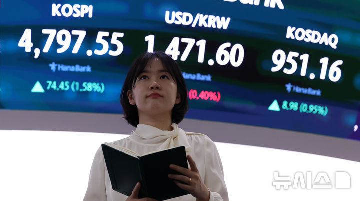 [서울=뉴시스] 이영환 기자 = 15일 코스피가 전 거래일(4723.10)보다 74.45포인트(1.58%) 상승한 4797.55에 마감한 15일 오후 서울 중구 하나은행 딜링룸 전광판에 지수가 표시되어 있다. 코스닥 지수는 전 거래일(942.18)보다 8.98포인트(0.95%) 오른 951.16, 서울 외환시장에서 원·달러 환율은 전 거래일(1477.5원)보다 7.8원 내린 1469.7원에 주간 거래를 마감했다. 2026.01.15. 20hwan@newsis.com