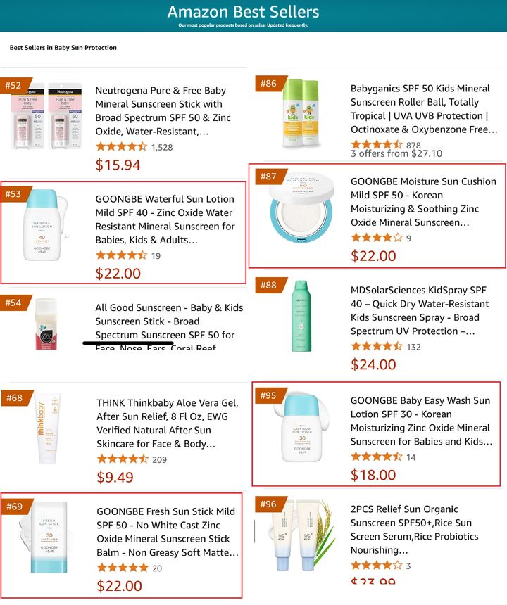 지난해 4월 궁중비책의 선케어 4종이 아마존 ‘베이비 선 프로텍션’ 카테고리 베스트셀러 100위권에 동시 진입했다.(사진=궁중비책 제공) *재판매 및 DB 금지