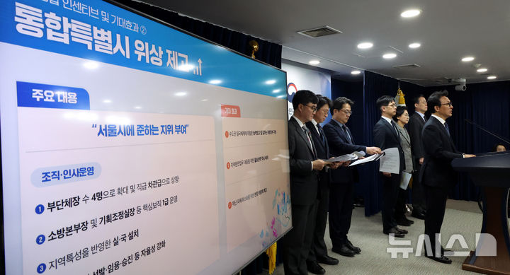 [서울=뉴시스] 추상철 기자 = 김민석 국무총리가 16일 오전 서울 종로구 정부서울청사에서 행정통합 인센티브 발표 관련 브리핑을 하고 있다. 2026.01.16. scchoo@newsis.com