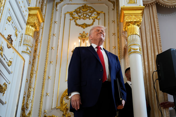 President Donald Trump attends a dedication ceremony of Southern Boulevard, which the Town of Palm Beach Council recently voted to rename a portion of, "President Donald J. Trump Boulevard," Friday, Jan. 16, 2026, at his Mar-a-Lago Club in Palm Beach, Fla. (AP Photo/Julia Demaree Nikhinson)