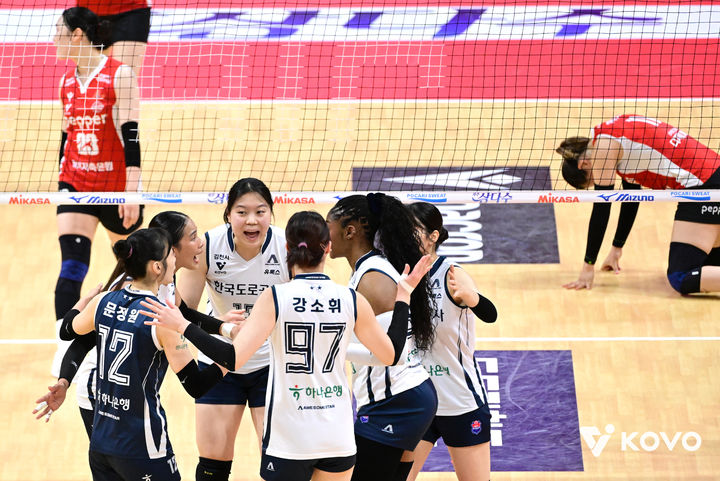 [서울=뉴시스] 여자 프로배구 한국도로공사 선수들이 17일 광주페퍼스타디움에서 열린 진에어 2025~2026 V-리그 여자부 페퍼저축은행과의 경기에서 득점을 낸 뒤 기뻐하고 있다. (사진=KOVO 제공) 2026.01.17. *재판매 및 DB 금지