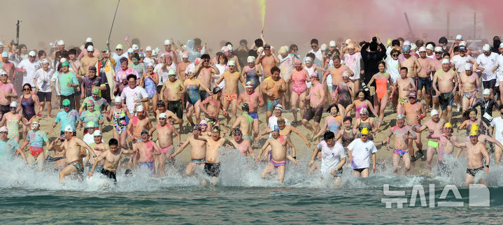 '차가운 겨울 바다를 가른다'…해운대 북극곰축제 [뉴시스Pic]