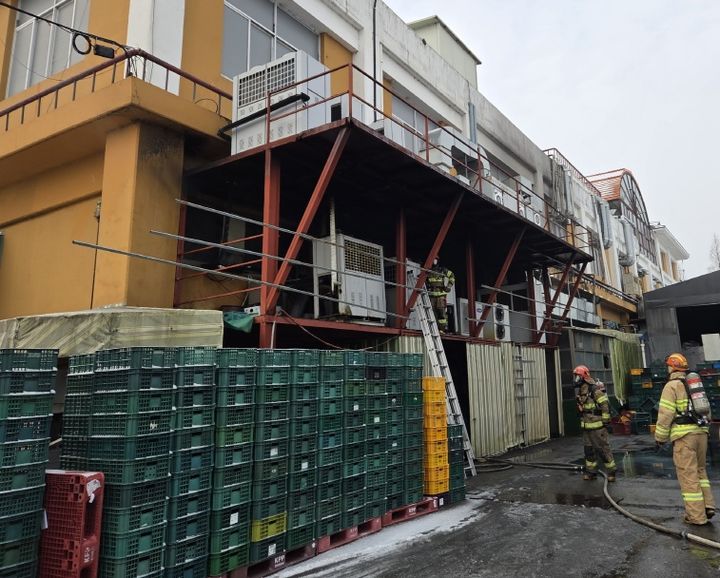 [서산=뉴시스] 19일 오전 8시5분께 충남 서산시 고북면 정자리 식품가공공장에서 발생한 화재가 1시간 48분 만에 진화된 후 소방대원들이 현장에서 화재 조사를 진행하고 있다. (사진=서산소방서 제공) 2026.01.19. photo@newsis.com *재판매 및 DB 금지