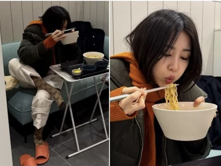 박하선, 대기실서 명품 양말 신고 라면 흡입