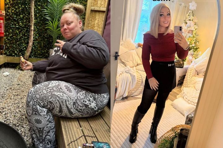 [서울=뉴시스] 영국의 한 여성이 비만 치료 주사제 마운자로를 맞고 체중의 절반 이상을 감량했다며 SNS에 감량 전후 과정을 공개했다. (사진 출처: 틱톡) 2026.01.19.