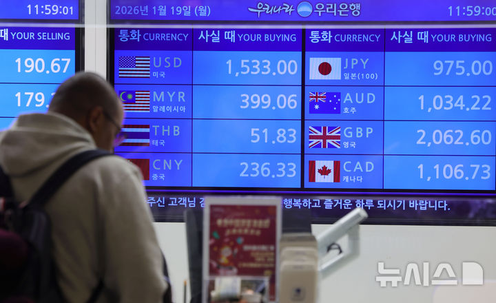 [인천공항=뉴시스] 홍효식 기자 = 지난달 28일 인천 중구 인천국제공항 제1여객터미널 환전소에 원·달러 환율 등이 표시되어 있다. 2026.01.29. yesphoto@newsis.com