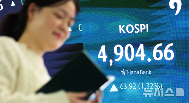 [서울=뉴시스] 박주성 기자 = 19일 오후 서울 중구 하나은행 딜링룸에서 딜러들이 업무를 하고 있다.코스피는 전 거래일(4840.74)보다 63.92포인트(1.32%) 오른 4904.66에 마감했다. 2026.01.19. park7691@newsis.com