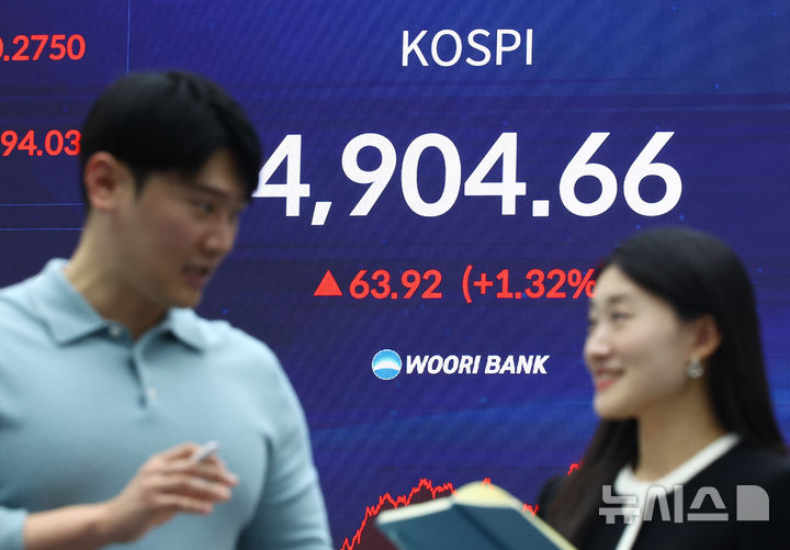 [서울=뉴시스] 황준선 기자 = 서울 중구 우리은행 본점 딜링룸에 지수가 표시돼 있다. 2026.01.19. hwang@newsis.com