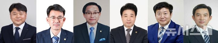[연천=뉴시스]더불어민주당 연천군수 출마예정자(가나다 순). 왼쪽부터 김좌일 ㈜엘메이커 부사장, 박충식 전 연천군의원, 왕규식 전 연천군의원, 유상호 전 경기도의원, 윤재구 연천군의원, 조봉안 전 연천군의원. photo@newsis.com