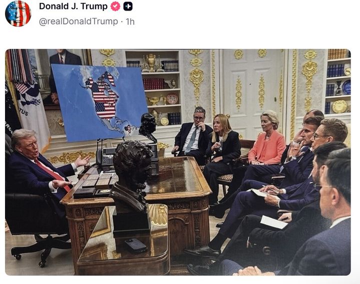 [서울=뉴시스]도널드 트럼프 미국 대통령이 20일(현지 시간) 새벽 소셜미디어 트루스소셜에 2026년까지 그린란드를 미국에 병합하고, 나아가 캐나다와 베네수엘라까지 합병하는 내용을 암시하는 합성 사진을 게시해 논란이 일고 있다. 논란의 사진. <사진출처: 트루스소셜 캡쳐> 2026.01.20 