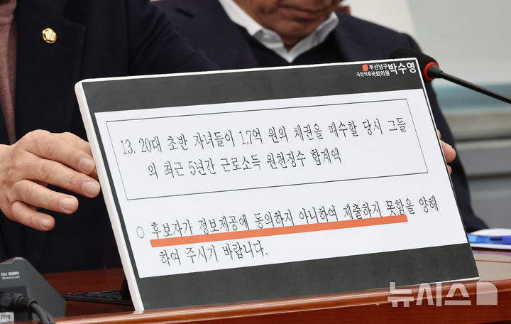 [서울=뉴시스] 김금보 기자 = 박수영 국민의힘 정책위부의장이 20일 오전 서울 여의도 국회에서 열린 원내대책회의에서 이혜훈 기획예산처 장관 후보자의 부실한 청문회 자료제출에 대해 발언을 하고 있다. 2026.01.20. kgb@newsis.com