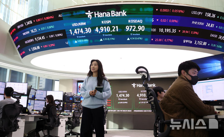 [서울=뉴시스] 조성우 기자 = 코스피가 전 거래일(4904.66)보다 4.38포인트(0.09%) 하락한 4900.28에 개장한 20일 오전 서울 중구 하나은행 딜링룸 전광판에 지수가 표시되고 있다. 2026.01.20. xconfind@newsis.com