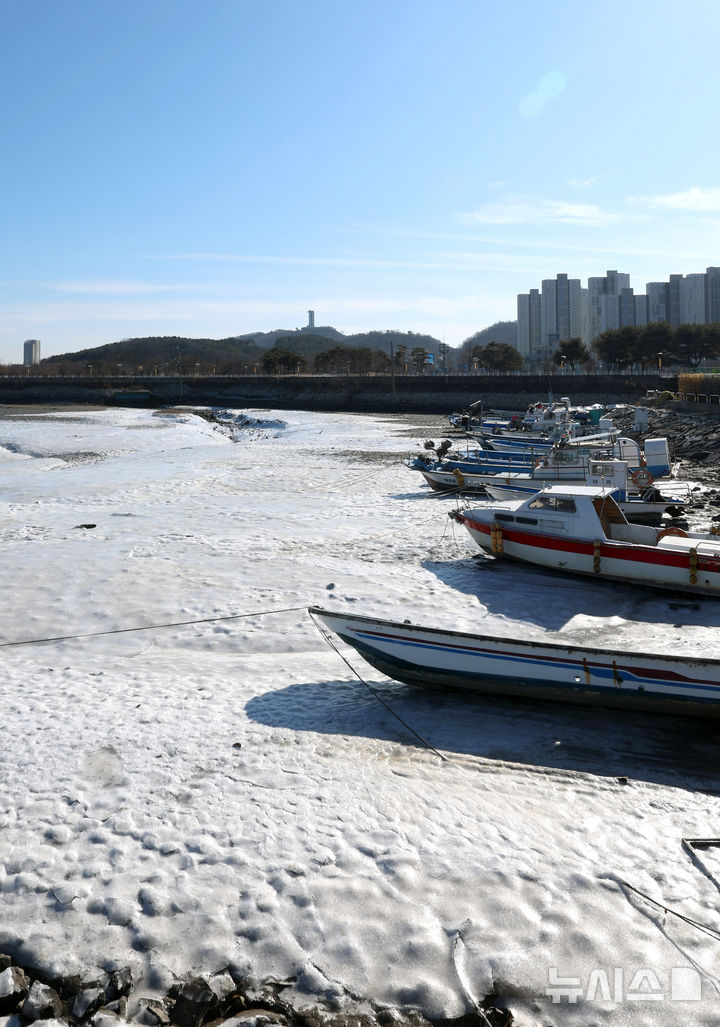 [인천=뉴시스] 전진환 기자 = 절기상 가장 춥다는 대한(大寒)인 20일 인천 중구 영종도 예단포 인근 갯벌 바닷물이 얼어 있다. 2026.01.20. amin2@newsis.com