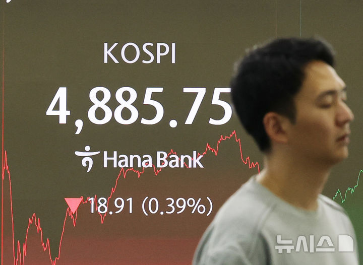 [서울=뉴시스] 박주성 기자 = 20일 오후 서울 중구 하나은행 딜링룸에서 딜러들이 업무를 하고 있다.코스피는 전 거래일(4904.66)보다 18.91포인트(0.39%) 내린 4885.75에 마감했다. 2026.01.20. park7691@newsis.com