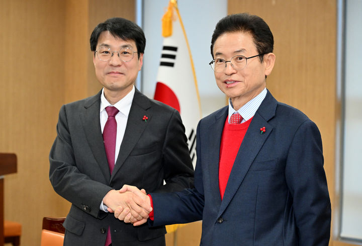 [안동=뉴시스] 이무열 기자 = 20일 경북 안동시 경북도청에서 열린 대구·경북 행정통합 추진협의 회의에서 이철우 경북도지사(오른쪽)와 김정기 대구시장 권한대행 행정부시장이 악수하고 있다. (사진=경북도 제공) 2026.01.20. photo@newsis.com *재판매 및 DB 금지