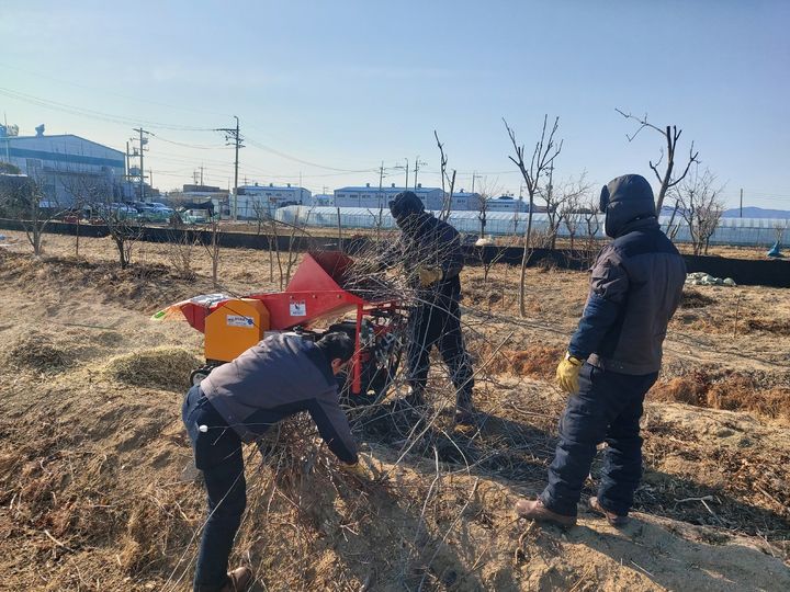 [부산=뉴시스] 영농부산물 파쇄지원단이 부산지역 내 한 농가를 찾아 영농 부산물 파쇄를 무료로 지원하고 있다. (사진=부산시 제공) 2026.01.21. photo@newsis.com *재판매 및 DB 금지