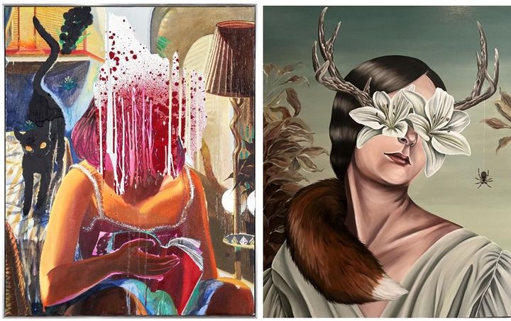 갤러리밈, 불온유희 (不穩遊戱)_한일작가전. (좌) 에노모토 마리코, Women 1, Oil on canvas, 91x72cm, 2025 (우) 정수정, Orange shower, Oil on canvas, 91x72cm, 2021 *재판매 및 DB 금지