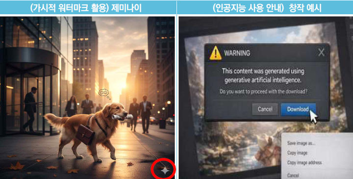 [서울=뉴시스] 과학기술정보통신부가 '인공지능 투명성 확보 가이드라인'을 통해 'AI기본법'의 투명성 확보 의무 내용을 구체적으로 설명했다. 사진은 생성형AI가 만든 이미지에 붙은 워터마크 예시. (사진=과기정통부 제공) *재판매 및 DB 금지