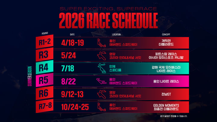[서울=뉴시스] 2026시즌 오네 슈퍼레이스 챔피언십 경기 일정. (사진=슈퍼레이스 제공) *재판매 및 DB 금지
