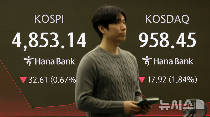 [서울=뉴시스] 홍효식 기자 = 코스피가 전 거래일(4885.75)보다 76.81포인트(1.57%) 하락한 4808.94에 개장한 21일 오전 서울 중구 하나은행 딜링룸 전광판에 지수가 표시되고 있다.코스닥 지수는 전 거래일(976.37)보다 18.32포인트(1.88%) 내린 958.05에 거래를 시작했다. 서울 외환시장에서 원·달러 환율은 전 거래일 주간거래 종가(1478.1원)보다 2.3원 오른 1480.4원에 출발했다. 2026.01.21. yesphoto@newsis.com