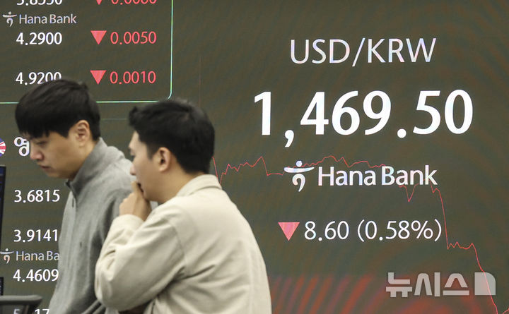 [서울=뉴시스] 김근수 기자 = 이재명 대통령의 신년 기자회견이 열린 21일 오전 서울 중구 하나은행 딜링룸 전광판에 원·달러 환율이 장중 한때 1,469.5원을 기록하고 있다. 2026.01.21. ks@newsis.com