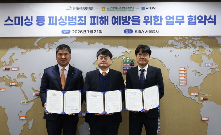 [서울=뉴시스] 아톤은 한국인터넷진흥원(KISA), 농협중앙회와 전자금융 사고예방을 위한 피싱·스미싱 공동대응 업무협약을 체결했다고 22일 밝혔다. (왼쪽부터) 정재헌 농협중앙회 상호금융디지털사업본부장, 이동근 KISA 디지털위협대응본부장, 우길수 아톤 대표 (사진=아톤 제공) *재판매 및 DB 금지