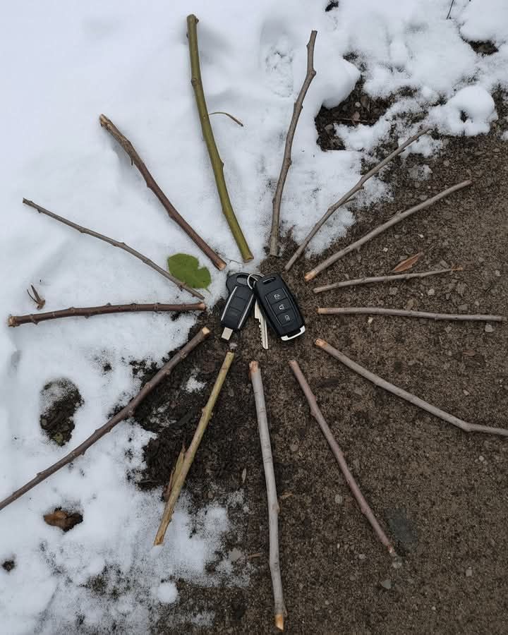 [서울=뉴시스] 눈길 위에 떨어진 자동차 키 주변에 잔가지로 표시 해둔 모습 (사진출처: X 캡처)