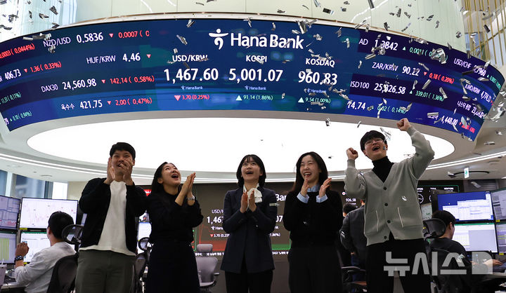 [서울=뉴시스] 최진석 기자 = 코스피가 꿈의 숫자로 여겨지던 '오천피'에 도달하며 코스피 5000 시대가 열린 22일 오전 서울 중구 하나은행 딜링룸에서 관계자들이 코스피 5000 돌파를 축하하고 있다. 코스피는 전 거래일(4909.93)보다 77.13포인트(1.57%) 상승한 4987.06에 개장했다.2026.01.22. myjs@newsis.com