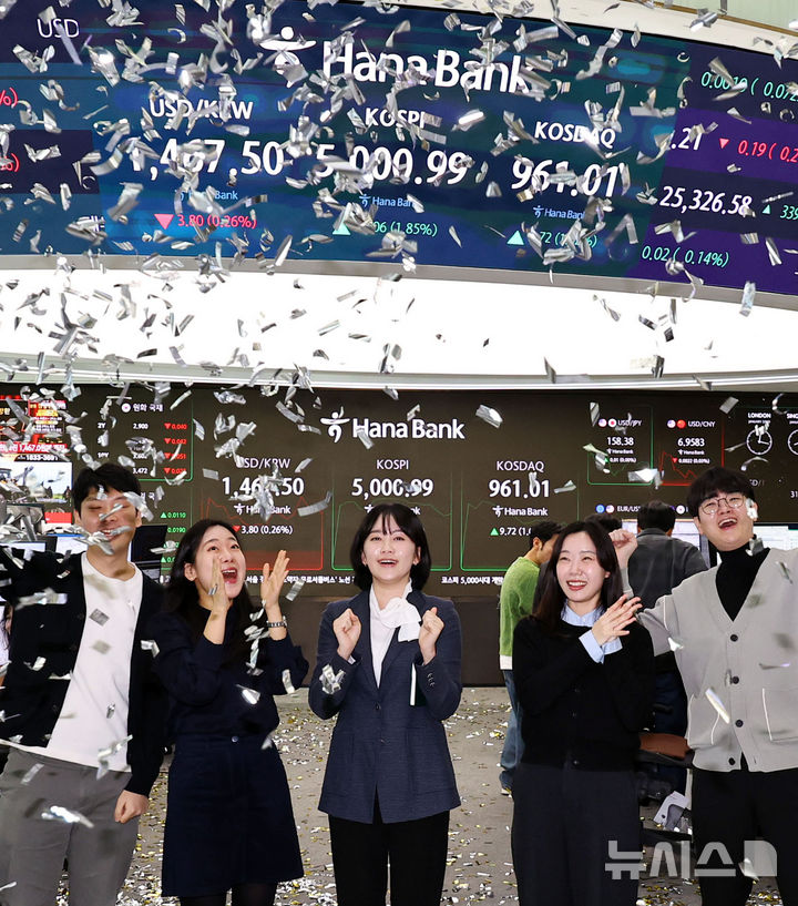 [서울=뉴시스] 최진석 기자 = 코스피가 꿈의 숫자로 여겨지던 '오천피'에 도달하며 코스피 5000 시대가 열린 22일 오전 서울 중구 하나은행 딜링룸에서 관계자들이 코스피 5000 돌파를 축하하고 있다. 코스피는 전 거래일(4909.93)보다 77.13포인트(1.57%) 상승한 4987.06에 개장했다.2026.01.22. myjs@newsis.com