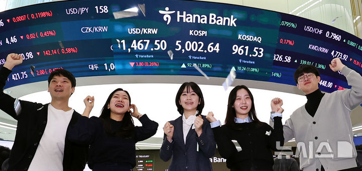 [서울=뉴시스] 최진석 기자 = 코스피가 꿈의 숫자로 여겨지던 '오천피'에 도달하며 코스피 5000 시대가 열린 22일 오전 서울 중구 하나은행 딜링룸에서 관계자들이 코스피 5000 돌파를 축하하고 있다. 코스피는 전 거래일(4909.93)보다 77.13포인트(1.57%) 상승한 4987.06에 개장했다.2026.01.22. myjs@newsis.com