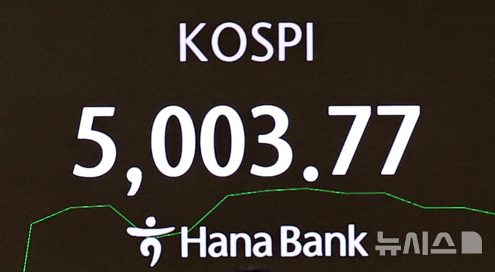 [서울=뉴시스] 최진석 기자 = 코스피가 꿈의 숫자로 여겨지던 '오천피'에 도달하며 코스피 5000 시대가 열린 22일 오전 서울 중구 하나은행 딜링룸에 코스피 시세가 보이고 있다. 코스피는 전 거래일(4909.93)보다 77.13포인트(1.57%) 상승한 4987.06에 개장했다.2026.01.22. myjs@newsis.com