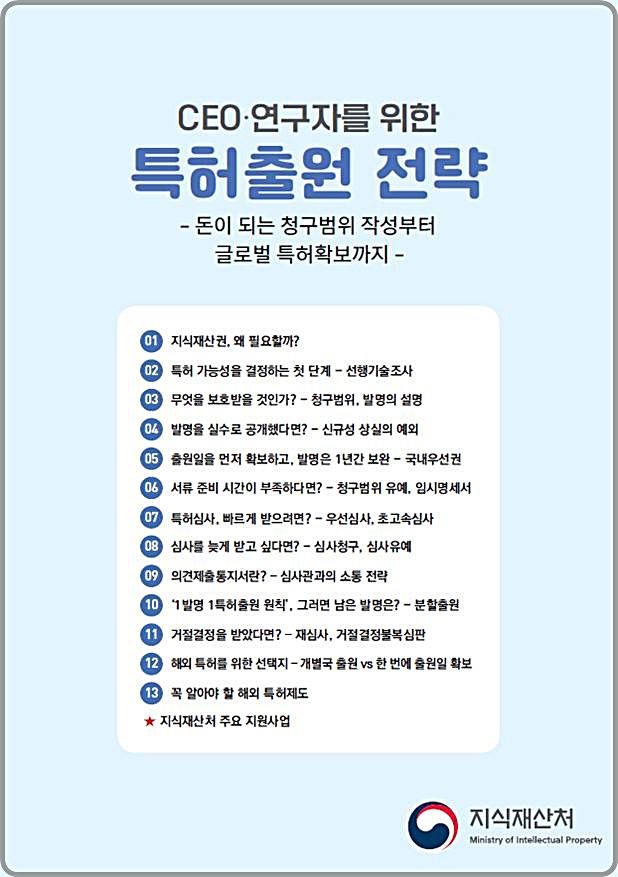 [대전=뉴시스] CEO·연구자를 위한 특허출원 전략 안내서 표지.(사진=지식재산처 제공) *재판매 및 DB 금지