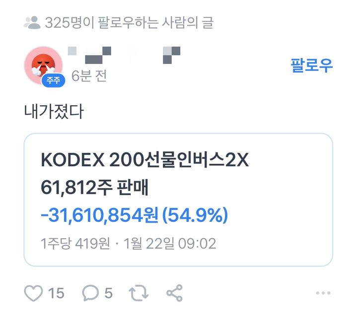 [뉴시스] 'KODEX200선물인버스2X ETF' 6만1812주를 보유했던 한 투자자는 1주당 419원에 전량 매도하며 손실률 54.9%, 금액으로는 3161만854원의 손실을 봤다. (사진=엑스 캡처) *재판매 및 DB 금지