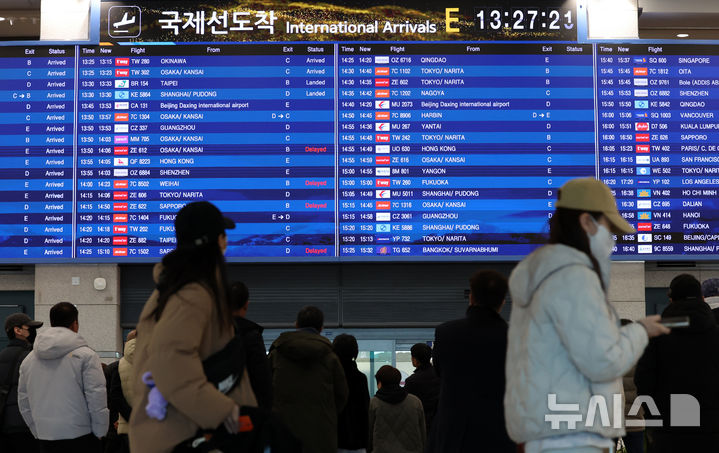 [인천공항=뉴시스] 이영환 기자 = 25일 오후 인천국제공항 제1여객터미널 도착장에 도착편 안내가 표시되고 있다. 인천국제공항공사는 중국, 일본 노선 항공수요 증가세에 힘입어 2025년 여객실적 7407만 1475명, 운항실적 42만 5760회를 기록해 지난 2001년 개항이후 역대 최다 항공운송실적을 달성했다고 이날 밝혔다. 2026.01.25. 20hwan@newsis.com