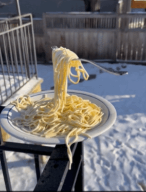 [서울=뉴시스] 강추위 속에 꽁꽁 얼어붙은 스파게티면. (사진출처: 제니퍼 맥더메드 엑스 캡처) 2026.01.26. *재판매 및 DB 금지