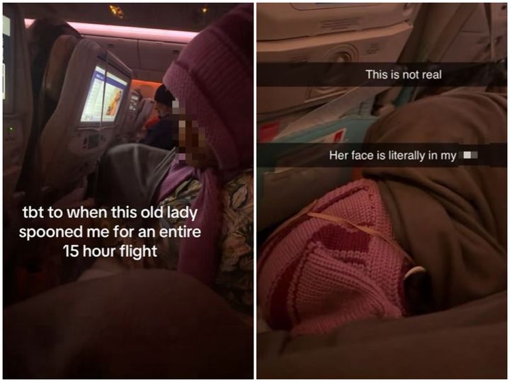 [뉴시스] 중동 최대 항공사인 에미레이트항공 기내에서 한 승객이 옆자리 승객의 엉덩이에 얼굴을 대고 잠을 자는 장면이 공개돼 논란이 일고 있다. (사진=틱톡 캡처) *재판매 및 DB 금지