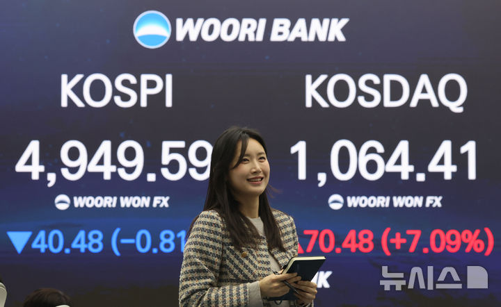 [서울=뉴시스] 권창회 기자 = 26일 오후 서울 중구 우리은행 딜링룸에서 코스닥 종가가 나오고 있다.코스닥 지수가 26일 ‘천스닥’(코스닥 1000포인트)을 달성했다. 2021년 1월 이후 4년 만의 복귀다. 2026.01.26. kch0523@newsis.com