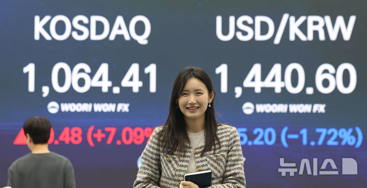 [서울=뉴시스] 권창회 기자 = 26일 오후 서울 중구 우리은행 딜링룸에서 코스닥 종가가 나오고 있다. 코스닥 지수가 전장보다 70.48포인트(7.09%) 오른 1,064.41로 장을 마치며 4년여만에 천스닥에 탈환했다. 2026.01.26. kch0523@newsis.com